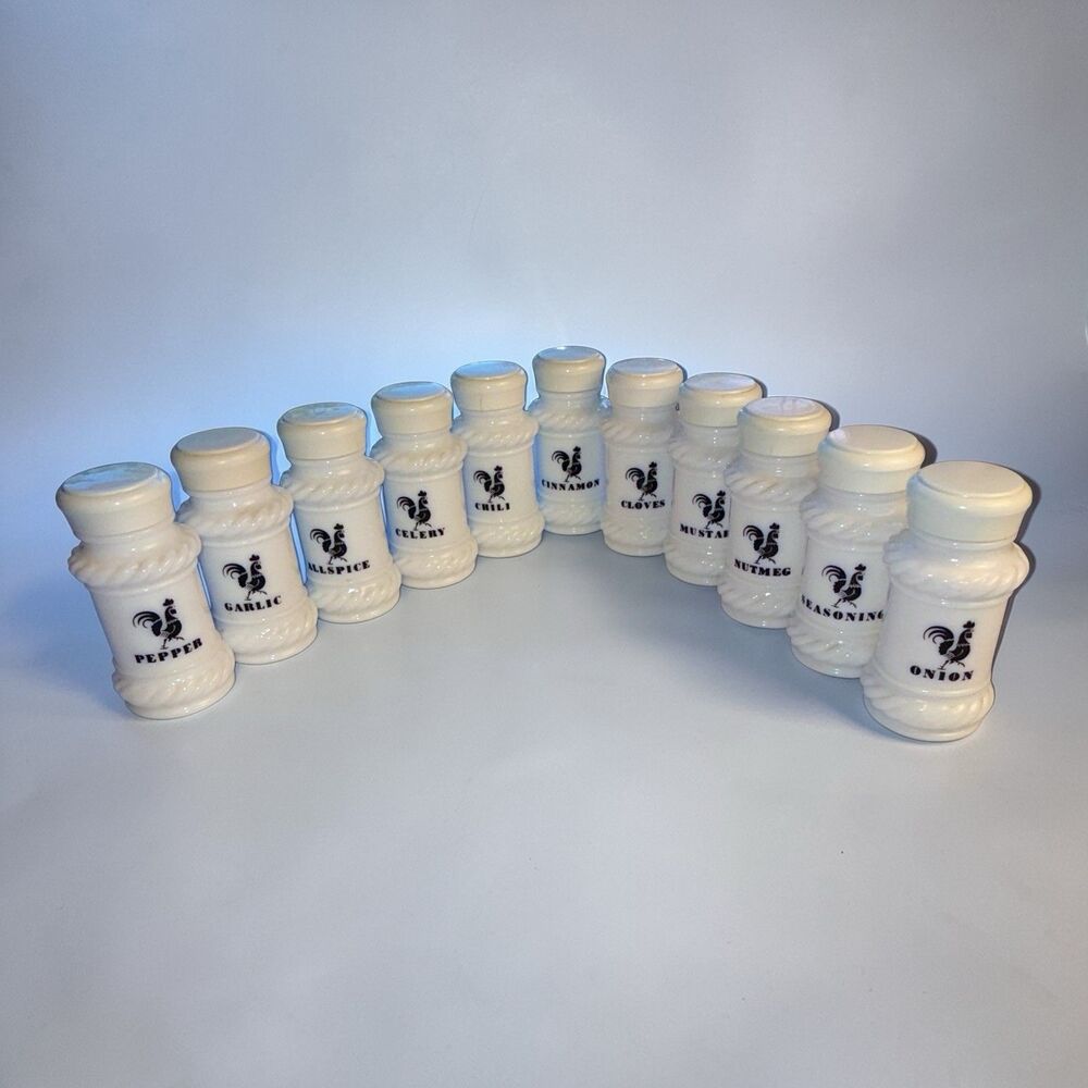 Hazel Atlas Milk Glass Spice Jars Black Roosters 11 Mid Century - Picture 2 of 8